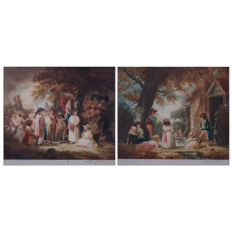 After: George Morland, British (1763 - 1804) Mezzotint Engravings with Hand Color, 2 Works: "Playing at Soldier" and "Juvenile Navigators" Signed Eugene Tily Lower Right. 