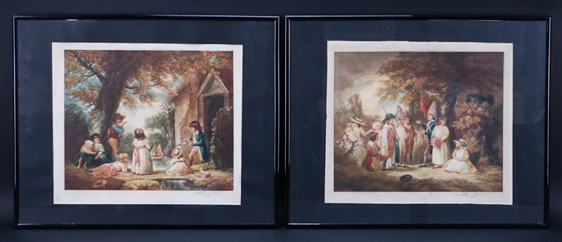 After: George Morland, British (1763 - 1804) Mezzotint Engravings with Hand Color, 2 Works: "Playing at Soldier" and "Juvenile Navigators" Signed Eugene Tily Lower Right. 