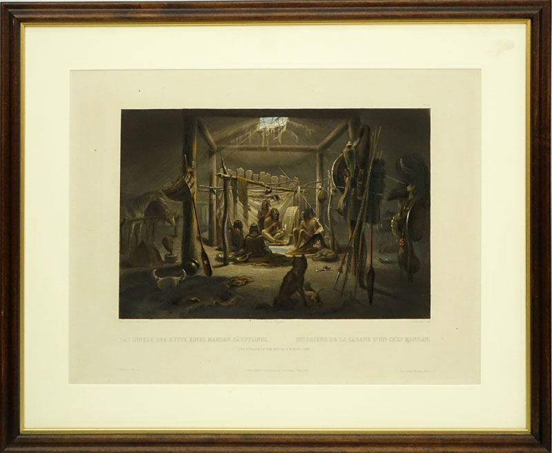 After: Karl Bodmer, Swiss (1809 - 1893) ''The Interior of the Hut of a Mandan Chief'' Indian Aquatint Engraving.