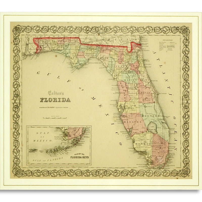 J.H. Colton Hand-Colored Engraving "Coulton's Florida" New York: J.H.Coulton C. 1855. COA en verso. 