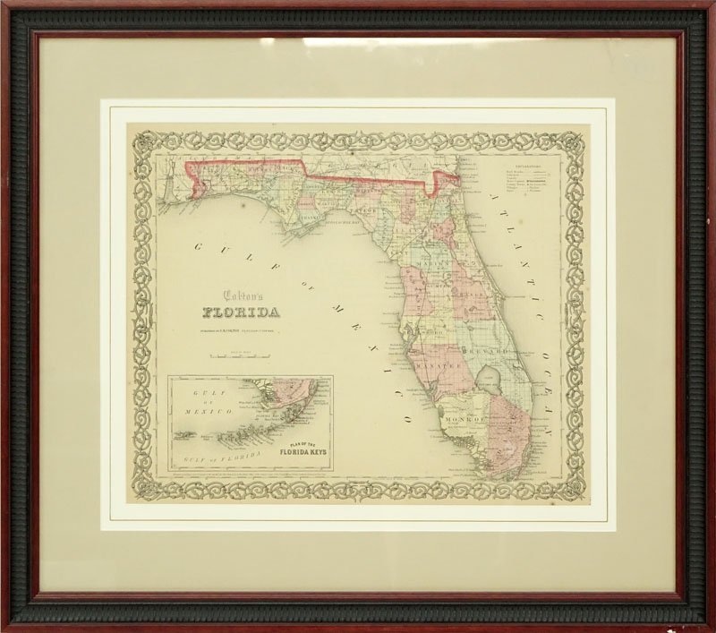 J.H. Colton Hand-Colored Engraving "Coulton's Florida" New York: J.H.Coulton C. 1855. COA en verso. 