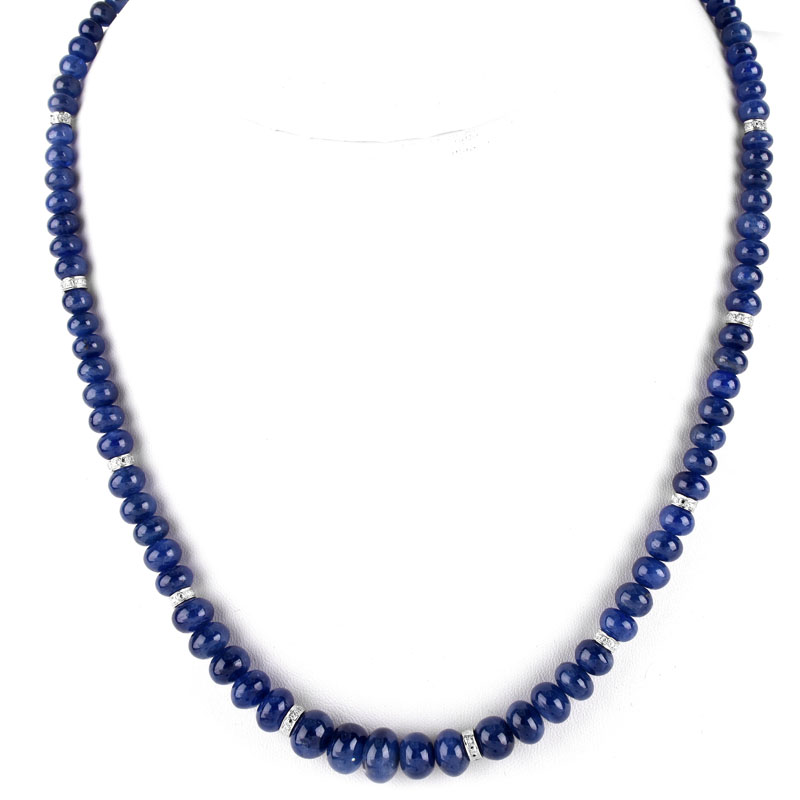 Approx. 188.00 Carat Sapphire Bead and 14 Karat White Gold Necklace with Diamond Accented Rondels.