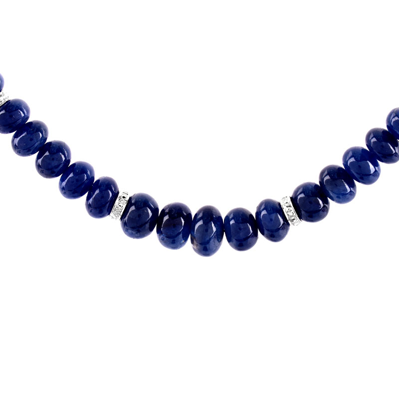 Approx. 188.00 Carat Sapphire Bead and 14 Karat White Gold Necklace with Diamond Accented Rondels.