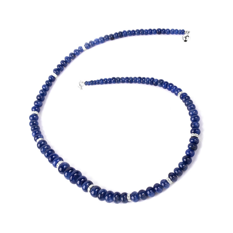Approx. 188.00 Carat Sapphire Bead and 14 Karat White Gold Necklace with Diamond Accented Rondels.
