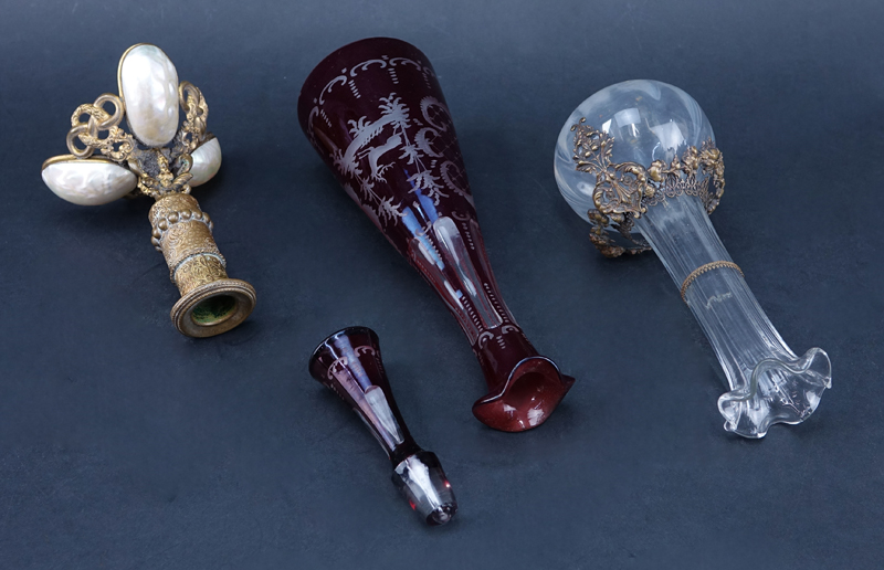 Group of Three (3): Bohemian Ruby to Clear Decanter, Gilt Brass Mounted Glass Vase, and Gilt Brass and Mother of Pearl Mounted Candle Holder. 