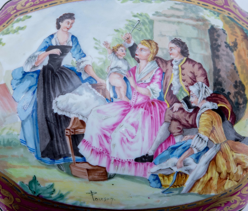 Very Large Handpainted Sevres Porcelain Box. Decorated with a figural scene.