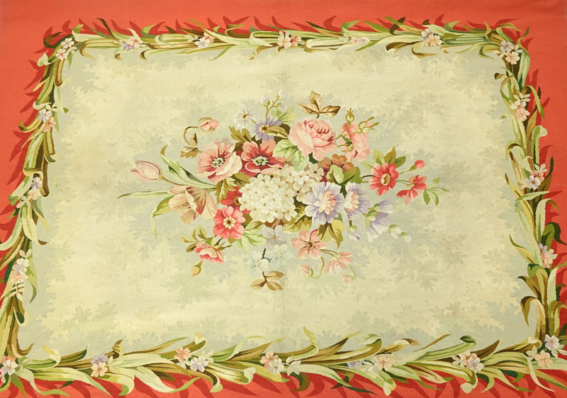 20th Century Aubusson Tapestry. Multi-colored floral motif on coral red ground.