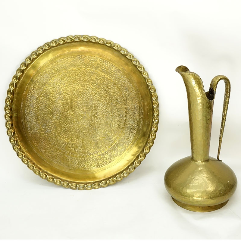 Grouping of Two (2): Large Brass Charger and Large Italian Brass Ewer.