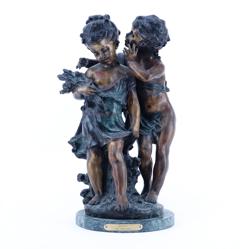 After: Auguste Moreau, French (1834 - 1917) Patinated Bronze Sculpture on Marble Base, "Secrets" Signed. 