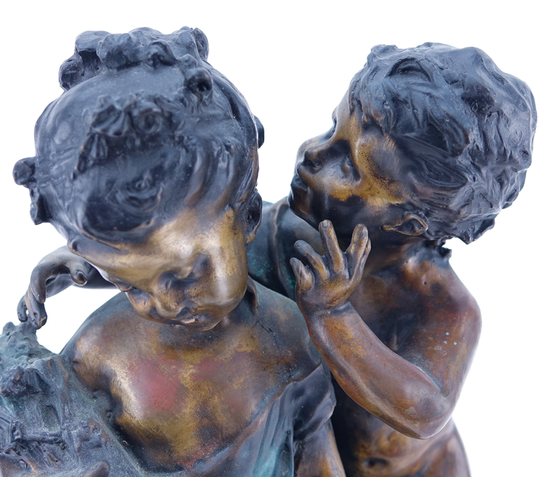 After: Auguste Moreau, French (1834 - 1917) Patinated Bronze Sculpture on Marble Base, "Secrets" Signed. 