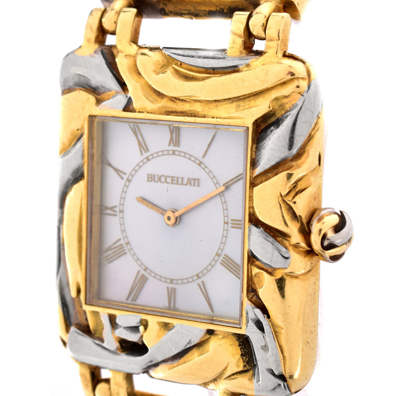 Man's Circa 1973 Buccellati Two Tone 18 Karat Gold Bracelet Watch with Mother of Pearl Dial and Manual Movement.