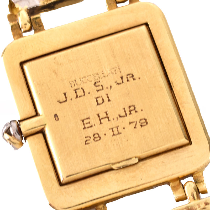 Man's Circa 1973 Buccellati Two Tone 18 Karat Gold Bracelet Watch with Mother of Pearl Dial and Manual Movement.