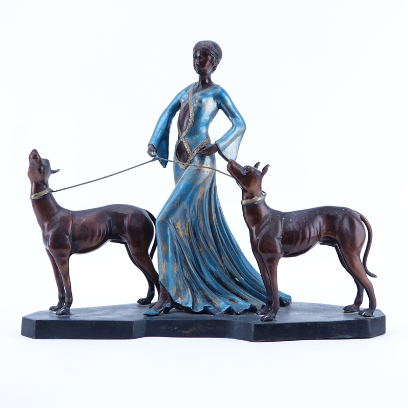 After: Dimitri Chiparus, Romanian  (1886 - 1947) Art Deco Bronze Sculpture, Woman with Dogs, Inscribed 'Prof. O. Poerzl'. 