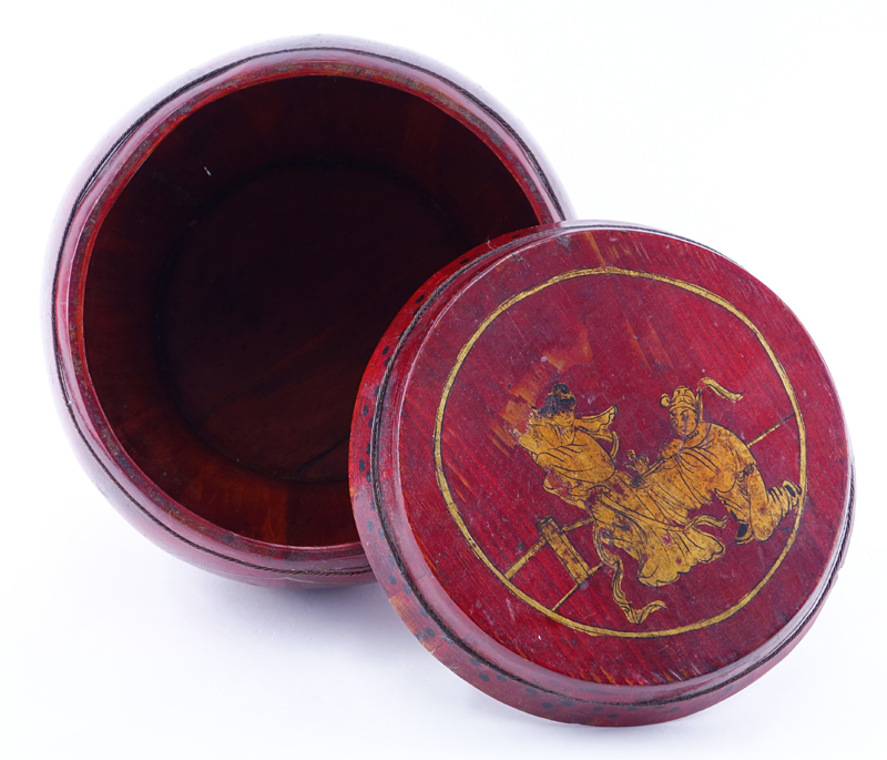 Chinese Red Lacquer Wood Covered Basket. Signed beneath the cover and on underside of the base.