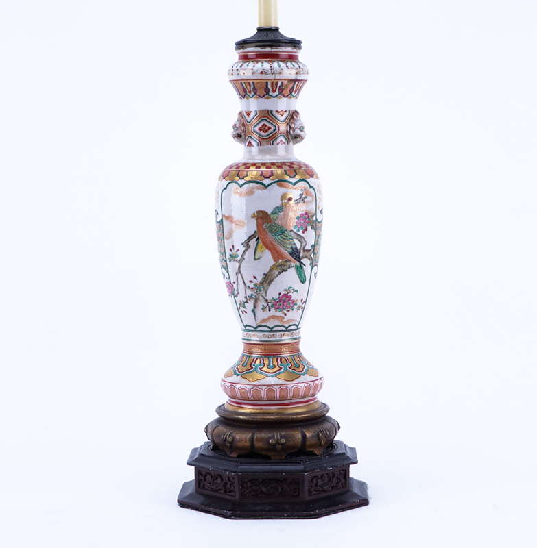 Antique Satsuma Hand Painted Porcelain Lamp with Birds and Monkey Motif.