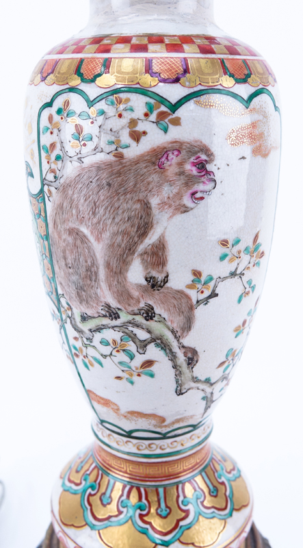 Antique Satsuma Hand Painted Porcelain Lamp with Birds and Monkey Motif.