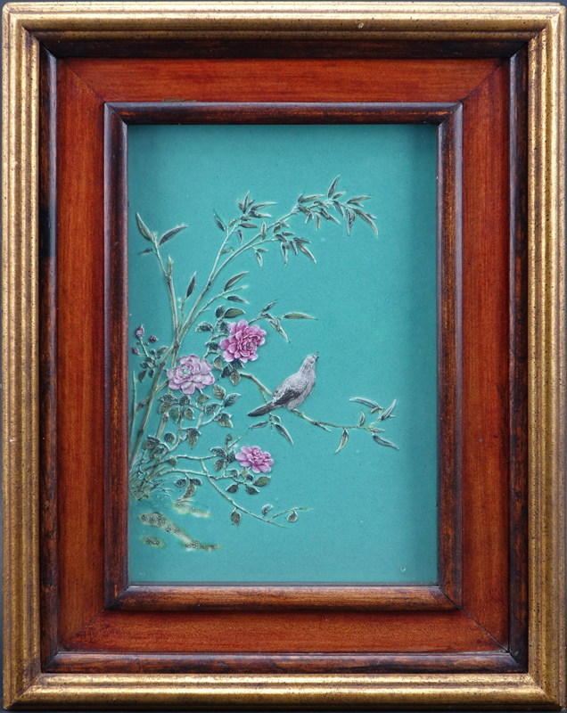 Framed Chinese Turquoise Glazed Porcelain Plaque.