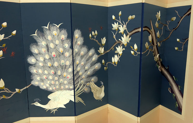 Mid Century Eight-Panel Korean Silk Embroidered Screen. Script / signature on far left panel.