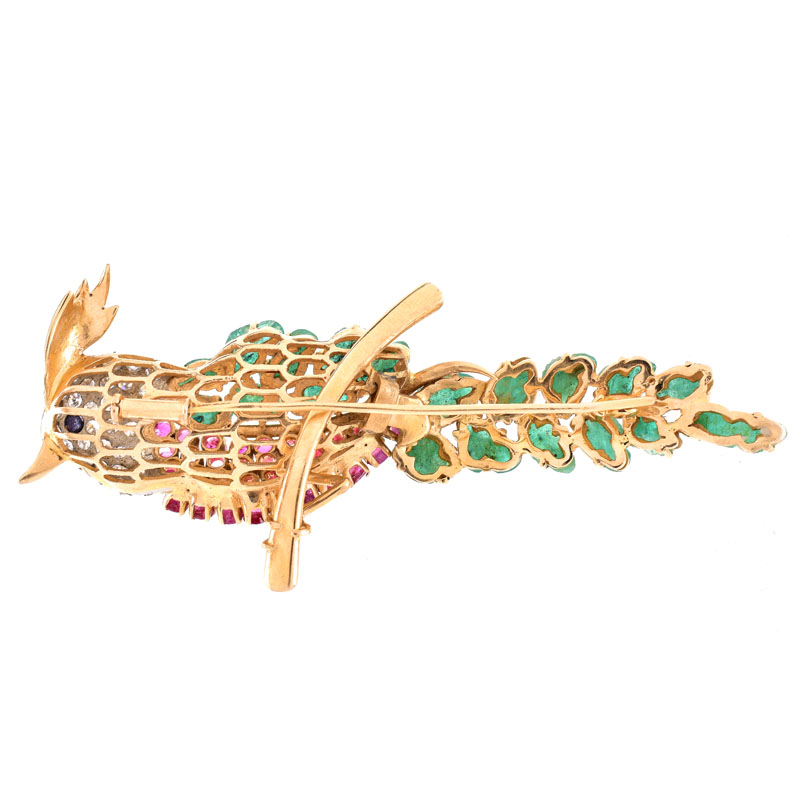 Vintage Pave Set Round Brilliant Cut Diamond, Carved Emerald, Round Cut Ruby and 18 Karat Yellow Gold Bird Brooch.