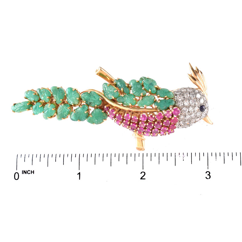 Vintage Pave Set Round Brilliant Cut Diamond, Carved Emerald, Round Cut Ruby and 18 Karat Yellow Gold Bird Brooch.