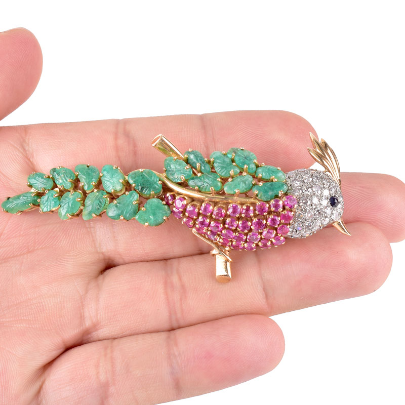 Vintage Pave Set Round Brilliant Cut Diamond, Carved Emerald, Round Cut Ruby and 18 Karat Yellow Gold Bird Brooch.