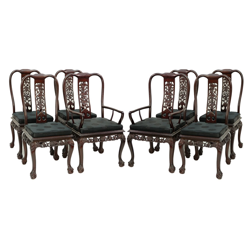 Set of Eight (8) Modern Chinese Carved Hardwood Chairs with Openwork Grape and Foliage Motif.