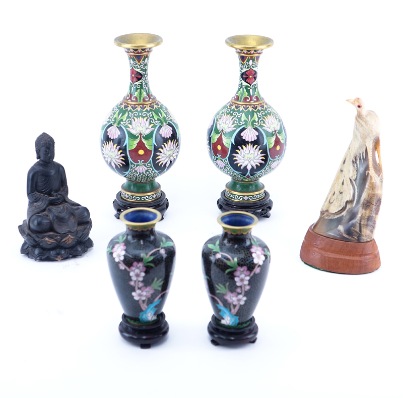 Group of Six (6): Two pairs of Chinese Cloisonné Vases on Wooden Stands, Chinese Carved Wood Buddha, and Chinese Horn Bird Carving mounted on Stand. 