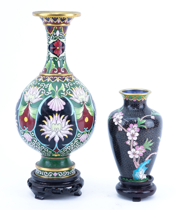 Group of Six (6): Two pairs of Chinese Cloisonné Vases on Wooden Stands, Chinese Carved Wood Buddha, and Chinese Horn Bird Carving mounted on Stand. 