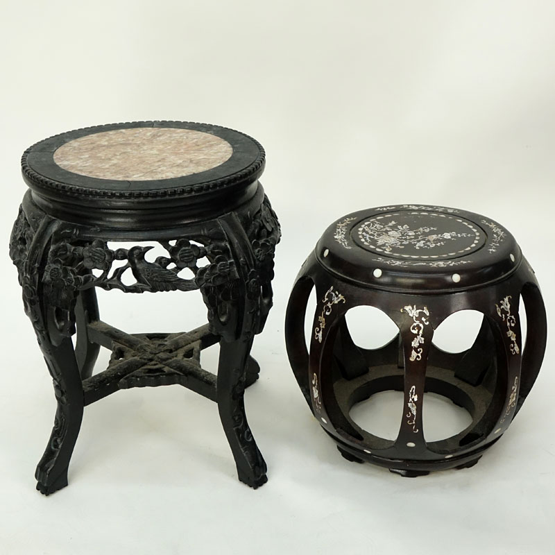 Group of Two (2): Chinese Carved Wood Marble Top stand, and Carved Wood Mother of Pearl Inlaid Barrel Stool.