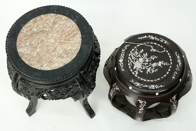 Group of Two (2): Chinese Carved Wood Marble Top stand, and Carved Wood Mother of Pearl Inlaid Barrel Stool.