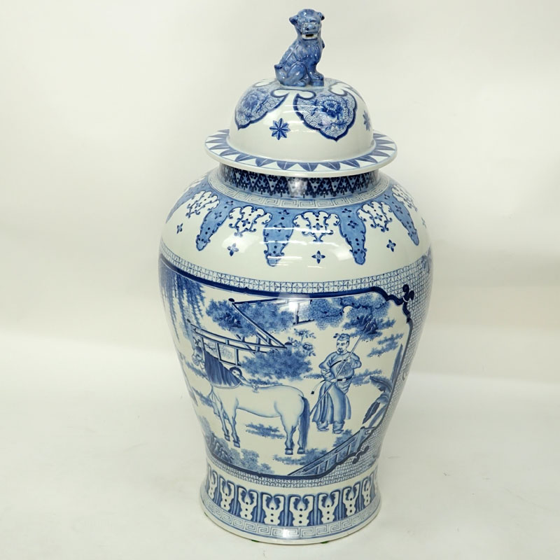 Large Mid Century Chinese Blue and White Porcelain Covered Urn with Foo Dog Finial.
