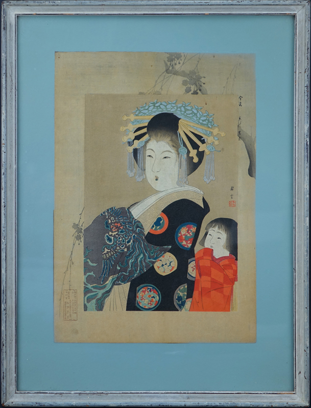 Antique Japanese Color Woodblock, Geisha with Young Child, Stamped and Inscribed. 