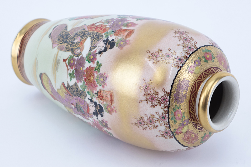 Antique Japanese Satsuma Gilt Hand Painted Porcelain Vase. Meiji period, signed to base. 