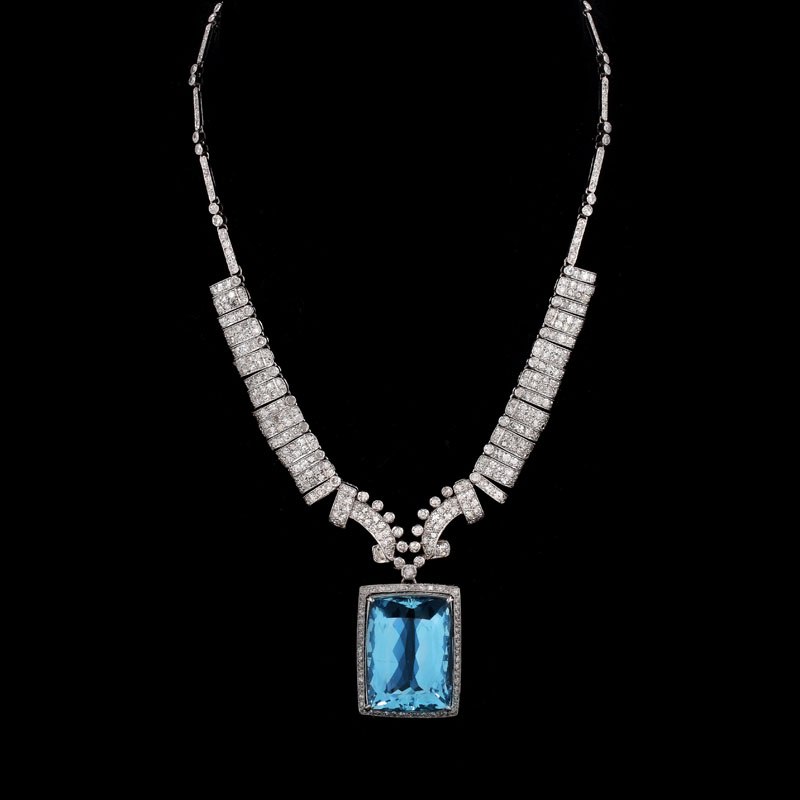 Art Deco Large Aquamarine, Diamond and Platinum Pendant Necklace. Aquamarine measures 24mm x 17mm. 