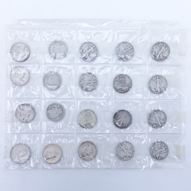 Sheet of Twenty (20): 1900 - 1965 U.S. Silver Half Dollars.  Includes: 10 walking liberties, 5 Ben Franklyn's, and 5 Barbers. 