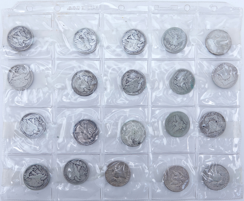 Sheet of Twenty (20): 1900 - 1965 U.S. Silver Half Dollars.  Includes: 10 walking liberties, 5 Ben Franklyn's, and 5 Barbers. 