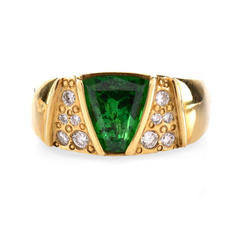 Vintage Approx. 2.48 Carat Trapezoidal Cut Tsavorite Garnet, Diamond and 18 Karat Yellow Gold Ring. 