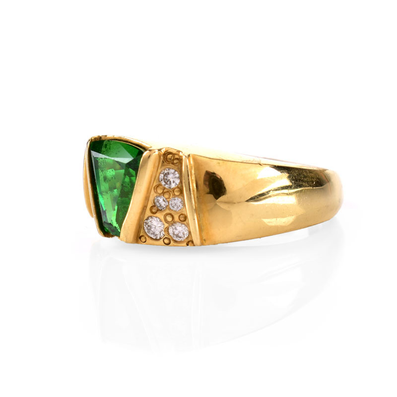 Vintage Approx. 2.48 Carat Trapezoidal Cut Tsavorite Garnet, Diamond and 18 Karat Yellow Gold Ring. 