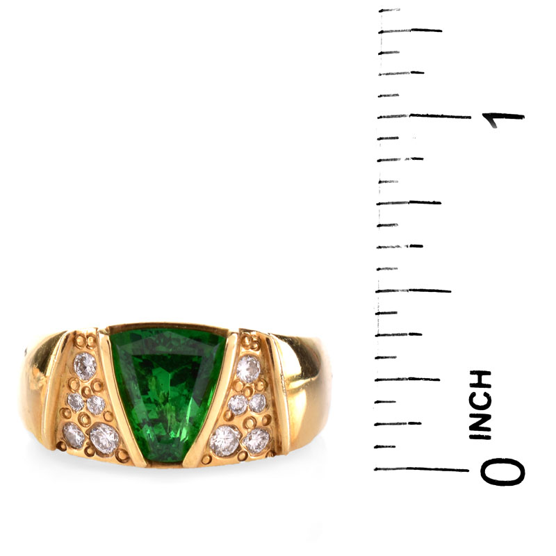 Vintage Approx. 2.48 Carat Trapezoidal Cut Tsavorite Garnet, Diamond and 18 Karat Yellow Gold Ring. 