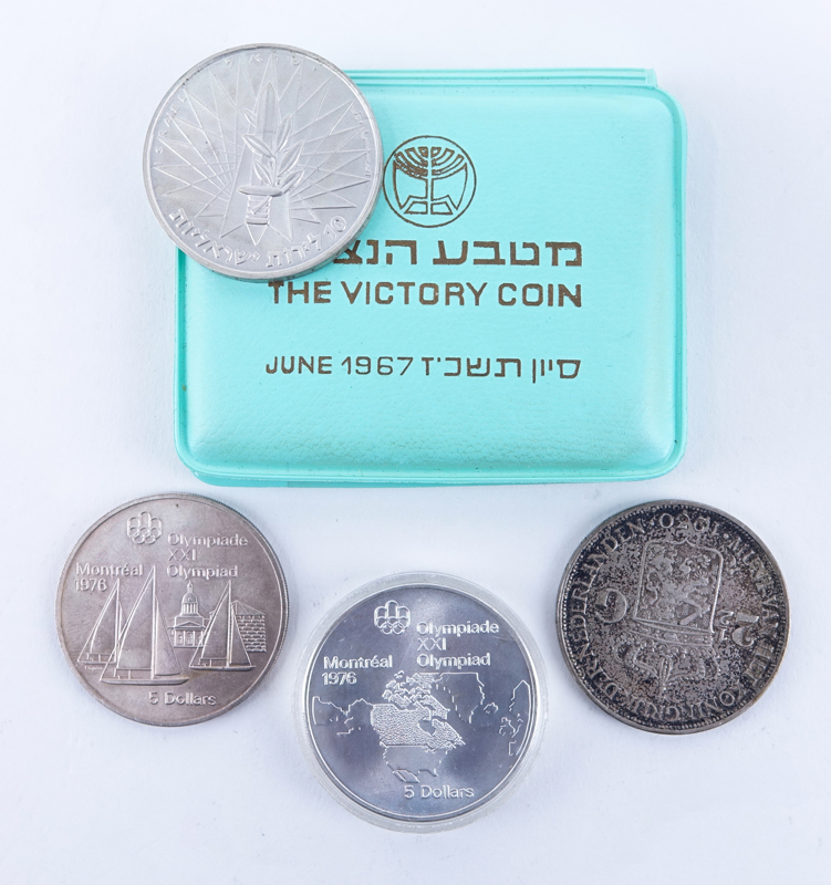Group of Four (4): two 1976 Canadian 5 dollars, 1930 Wilhelmina 2-1/2 Gulden, and Israeli "The Victory Coin' in sleeve.