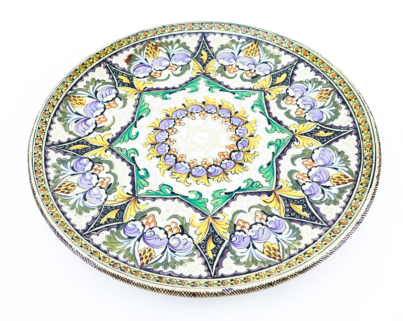 Grouping of Nine (9) Italian Majolica Ceramic Table Top Items. Includes: large charger, round covered box, covered round potpourri box, three plates, 2 cups, and small dish. 