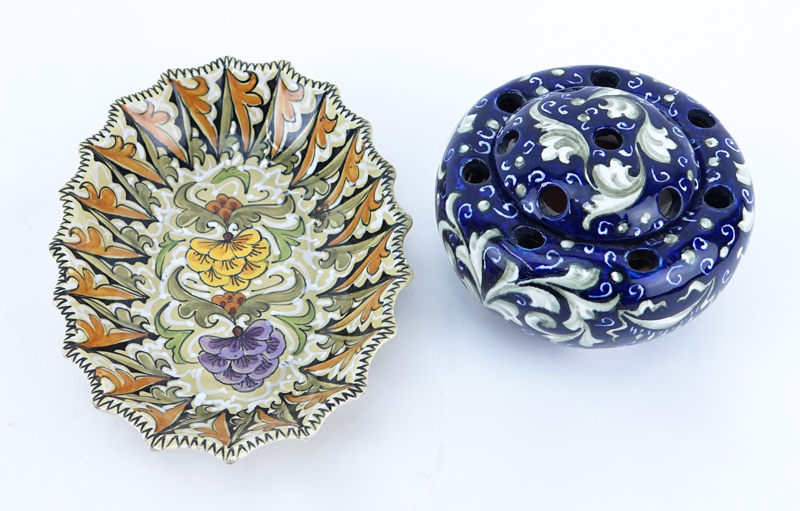 Grouping of Nine (9) Italian Majolica Ceramic Table Top Items. Includes: large charger, round covered box, covered round potpourri box, three plates, 2 cups, and small dish. 