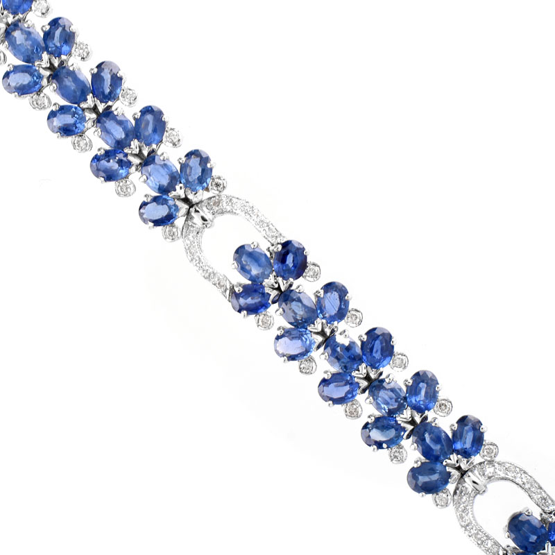 Approx. 15.54 Carat Oval Cut Sapphire, 2.51 Carat Diamond and 14 Karat White Gold Bracelet. 