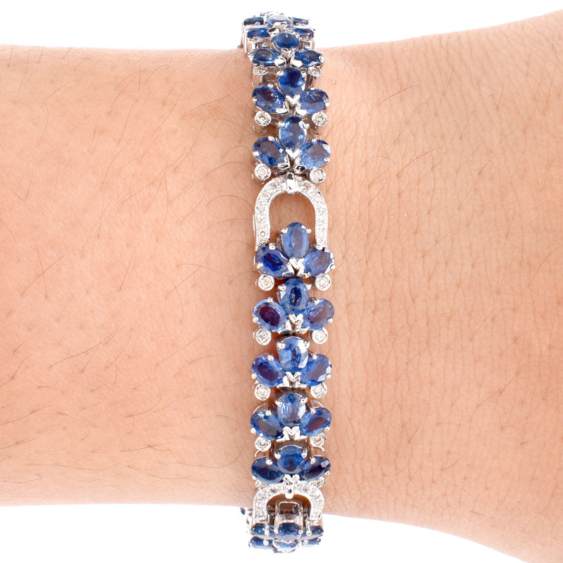 Approx. 15.54 Carat Oval Cut Sapphire, 2.51 Carat Diamond and 14 Karat White Gold Bracelet. 