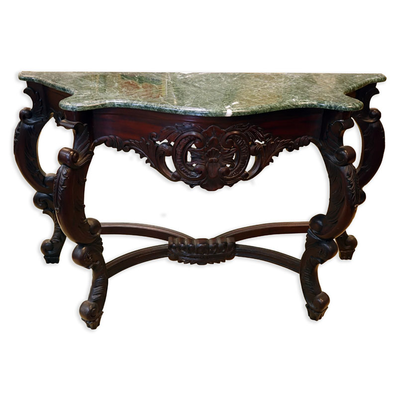 20th Century Carved Mahogany, Marble Top Console Table.