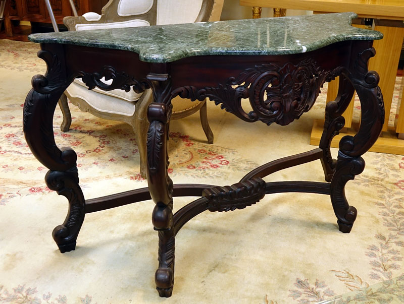 20th Century Carved Mahogany, Marble Top Console Table.