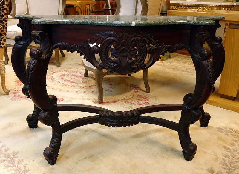 20th Century Carved Mahogany, Marble Top Console Table.