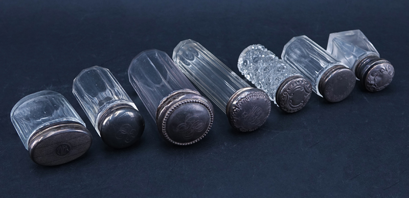 Collection of Seven (7) Glass and Silver Vanity Jars. Most with English hallmarks. All marked silver.