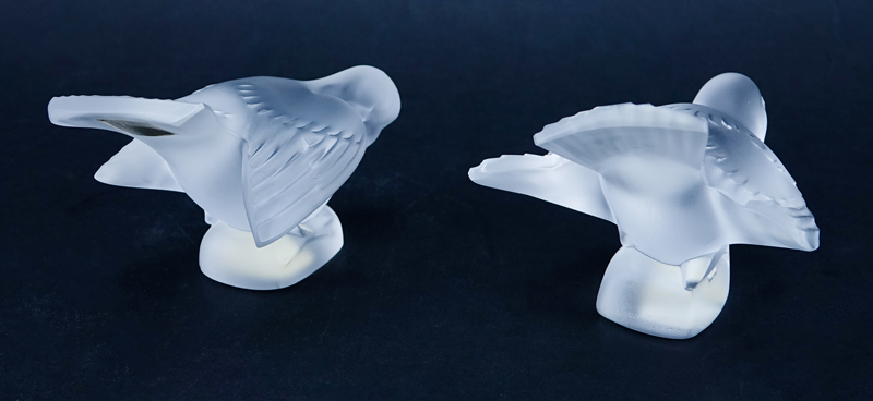 Two (2) Lalique Frosted Crystal Bird Figurines/Paperweights. Signed and has original sticker labels.
