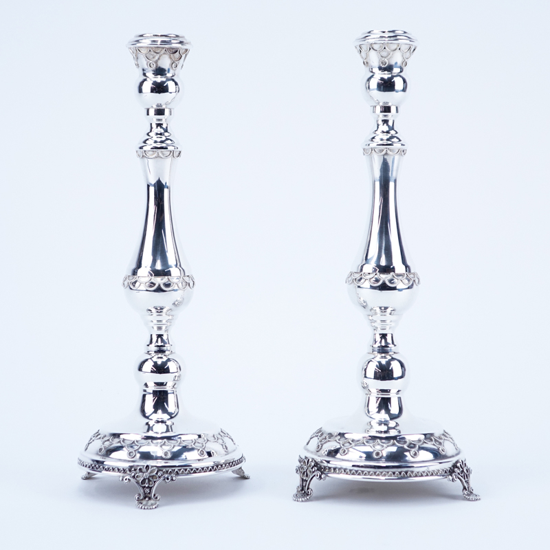 Pair of Silver Shabbat Candlesticks. Unsigned.